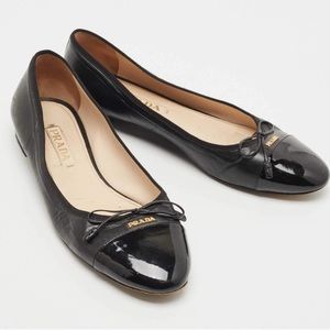 Prada Black Patent and Leather Cap Toe Ballet Flats Size 39